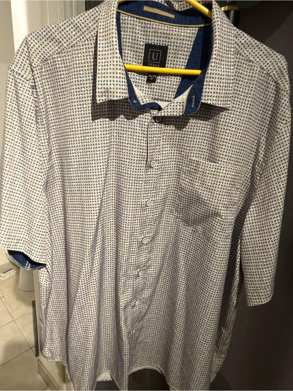 Urban pipeline White, Blue and Golden Micro-Print Short Sleeve Button-Up Shirt